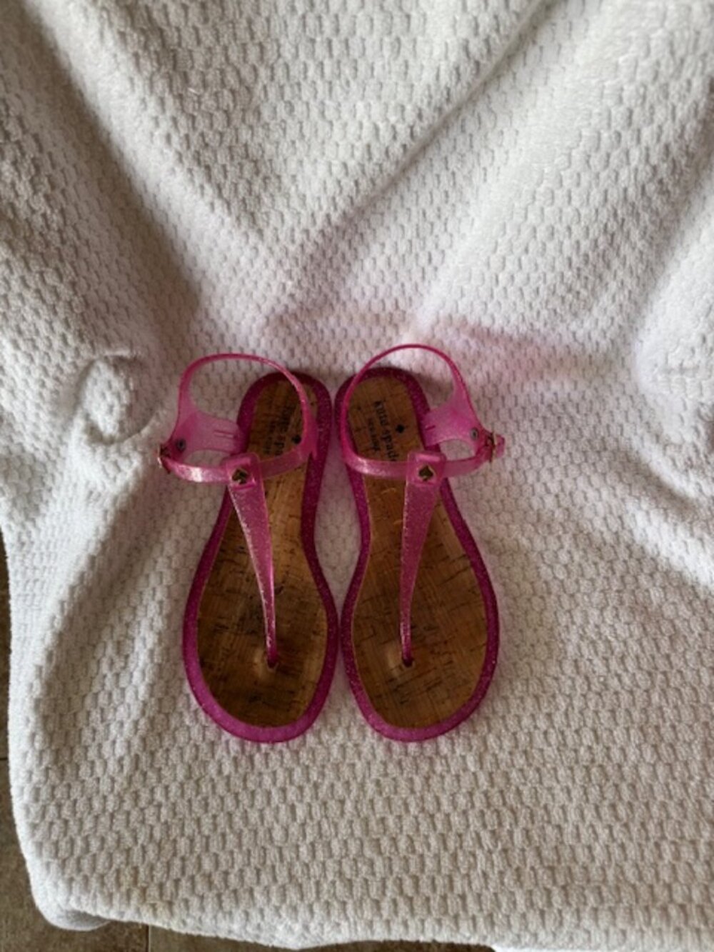 Kate Spade Pink Glitter Jelly T-Strap Sandals Cork Footbed Sz 7 EUC
